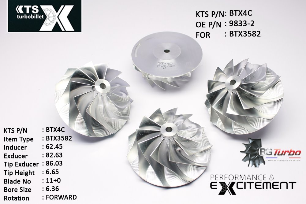 Turbo ROUE FORGÉE MFS PERFORMANCE - 11+0 PALES - INDUCER : 62,45 - EXDUCER : 82,36 - TYPE : BTX3582ANGLE : 45° - ROTATION : Forward - SUPER BACK : 2,3497 - BORE SIZE : 6,36
